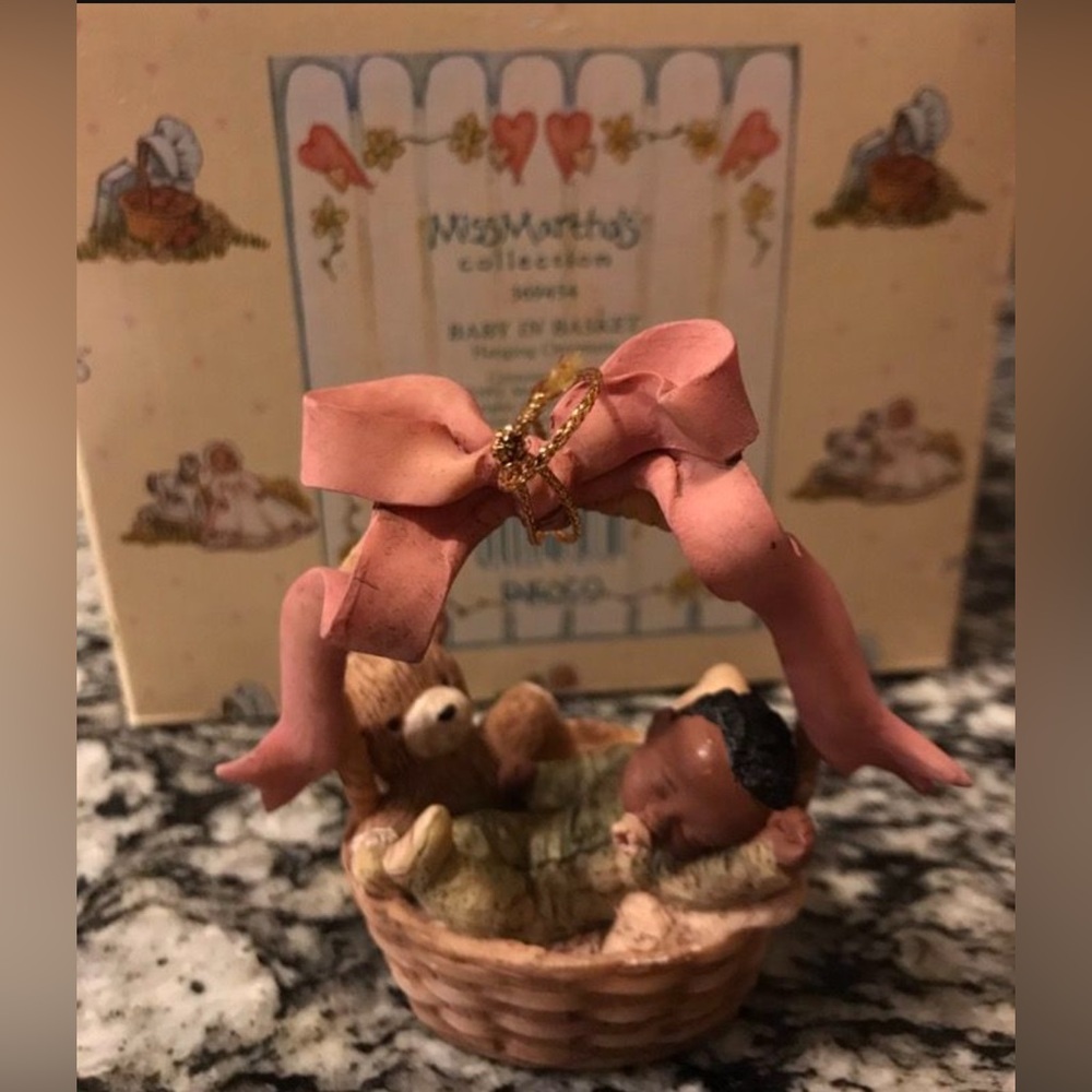 Vintage 1992 Miss Martha’s Collection Baby in Basket Hanging Ornament